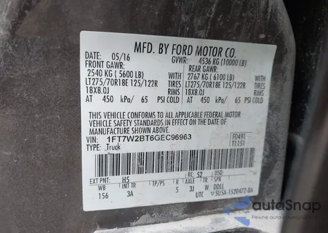 2016 Ford F-250 Xlt from USA, damaged, VIN 1FT7W2BT6GEC96963